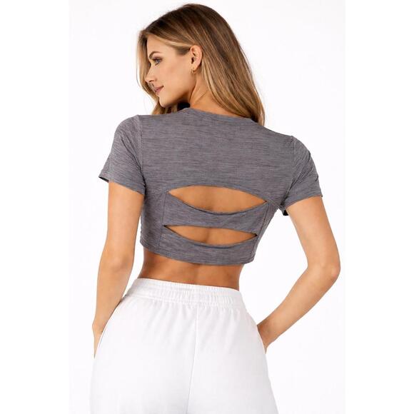 Halara Tops - NWT Halara Gray Open Back Cutout Cropped Athletic Tee Size XS